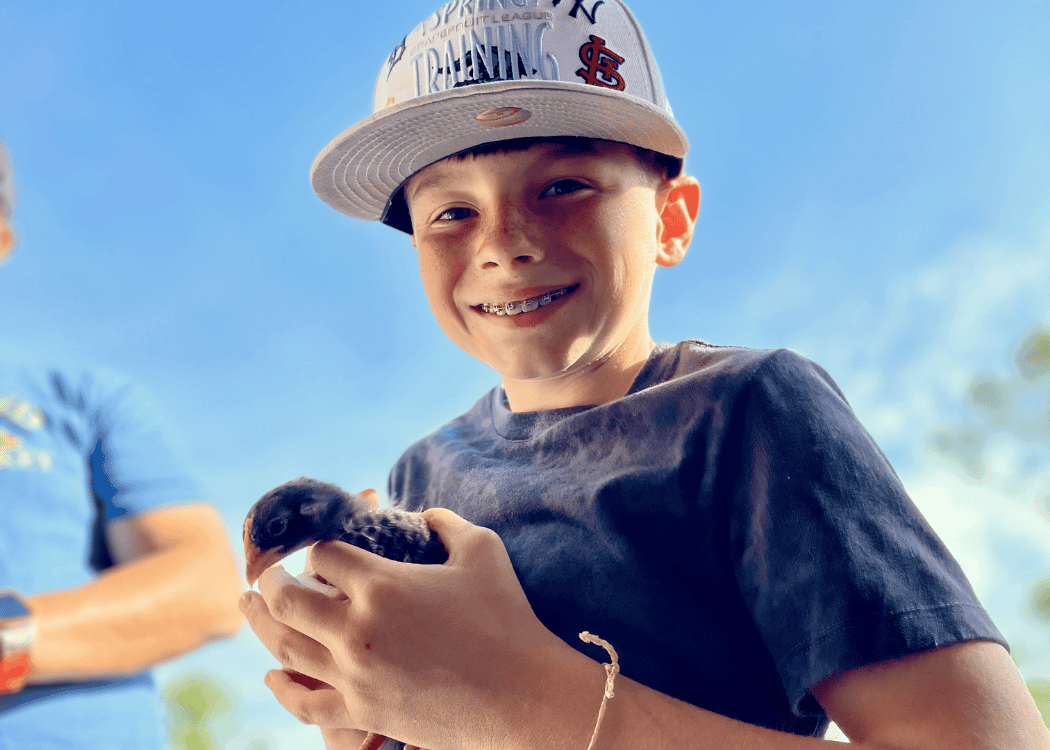 Child holding a baby chick during hands-on farm activities at Hobe Sound Farms