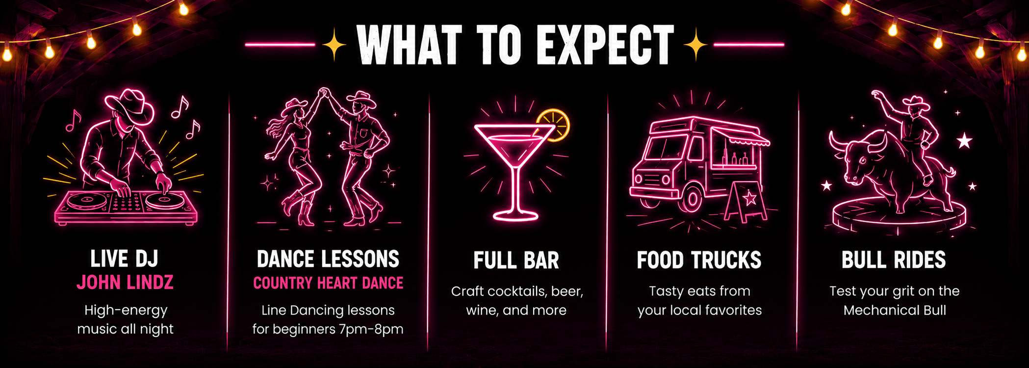 Bright neon country-night event graphic showcasing live music by DJ John Lindz, beginner line dancing lessons, craft cocktails, local food trucks, and mechanical bull rides in a lively western atmosphere.